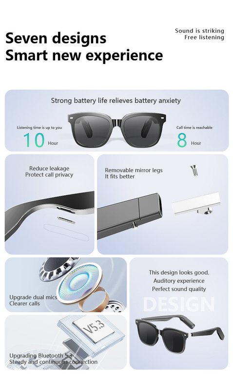 Waktu Musik 8 Jam Ultralight BT 5.3 Bluetooth Smart Glasses With Call 110mAh*2 Kapasitas