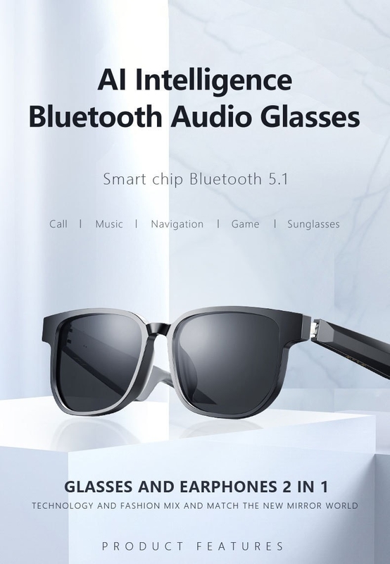 Black Bluetooth Sunglasses With Call Bluetooth 5.1 Versi 90mAh Waktu Musik 4-6 Jam